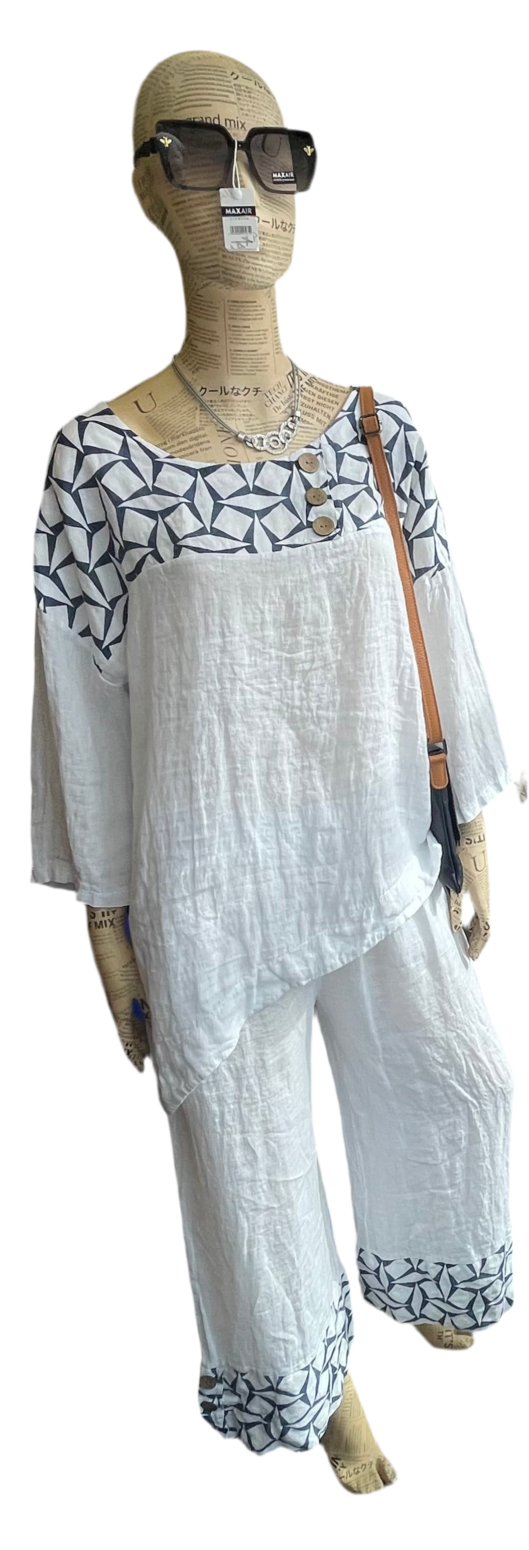 Sarah Tempest asymmetrical linen top with geometric print and coco buttons