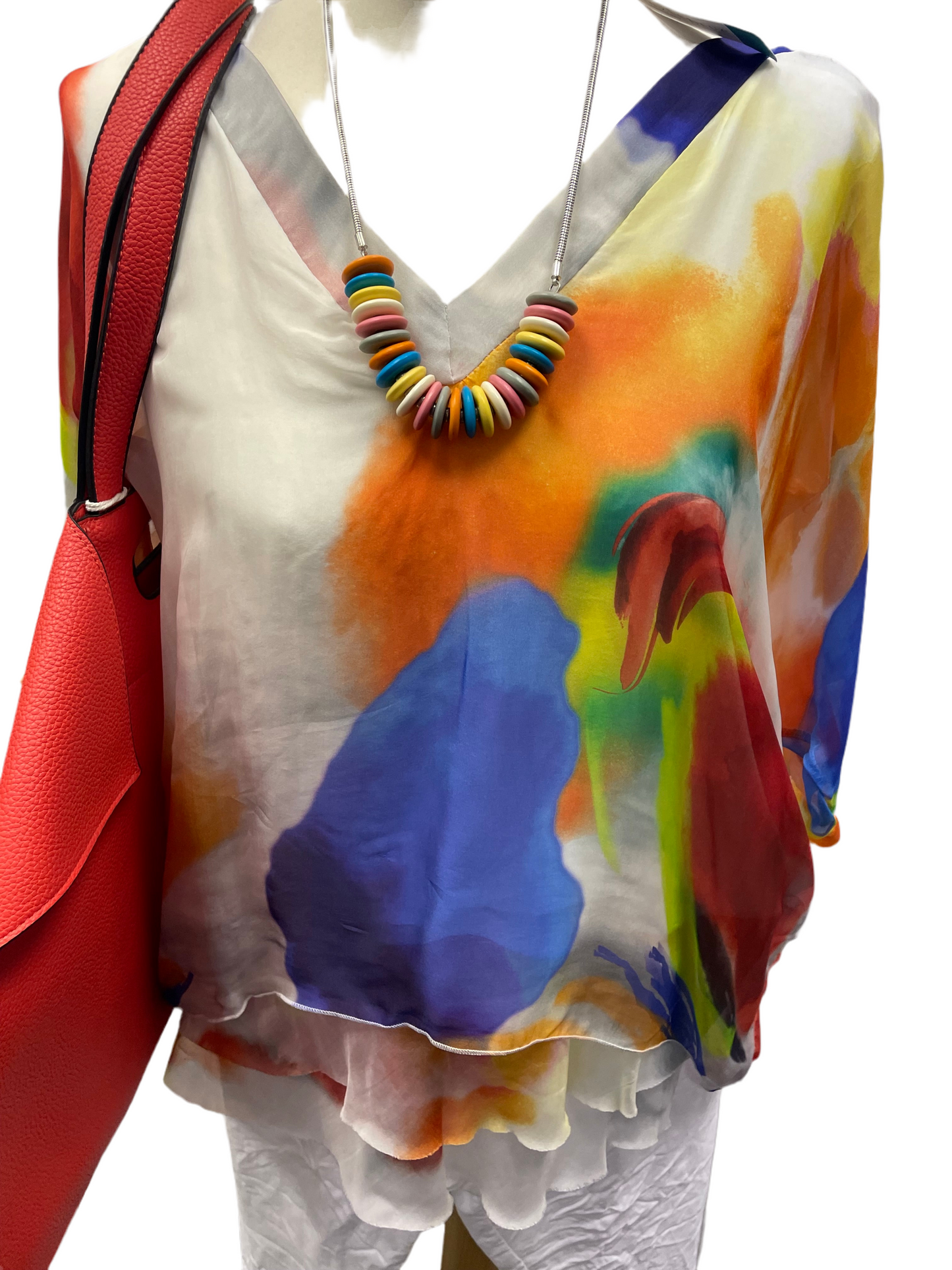 Sarah Tempest silk mix v neck digital print top