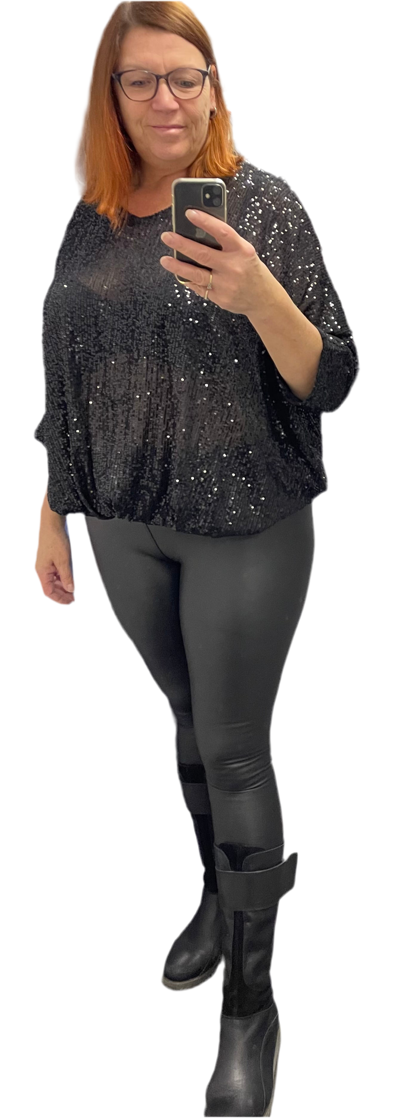 Malissa J Sequin V Neck Jersey Cacoon Top With Batwing Sleeves