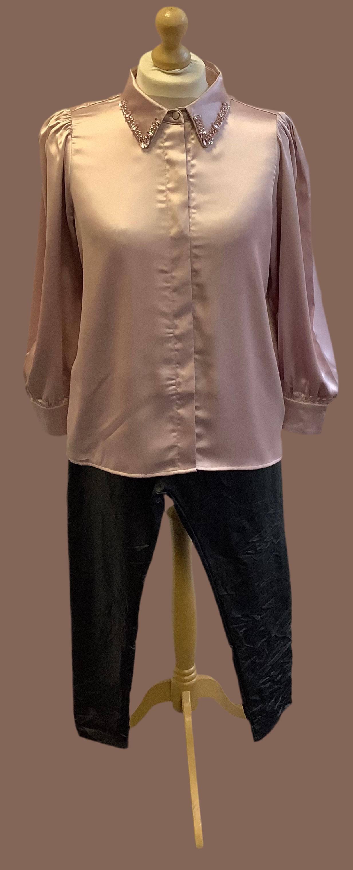 MalissaJ long sleeve satin shirt with jewel collar