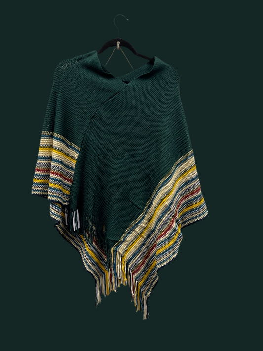 Poncho with striped panels and tassels