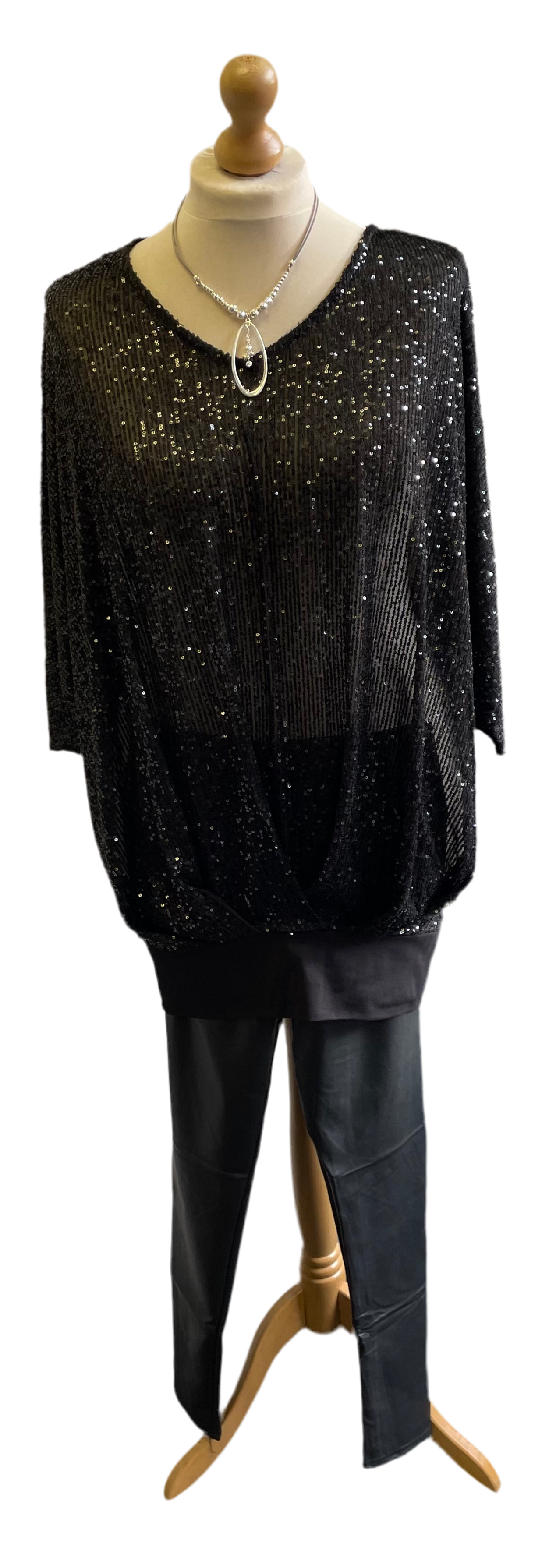 Malissa J Sequin V Neck Jersey Cacoon Top With Batwing Sleeves