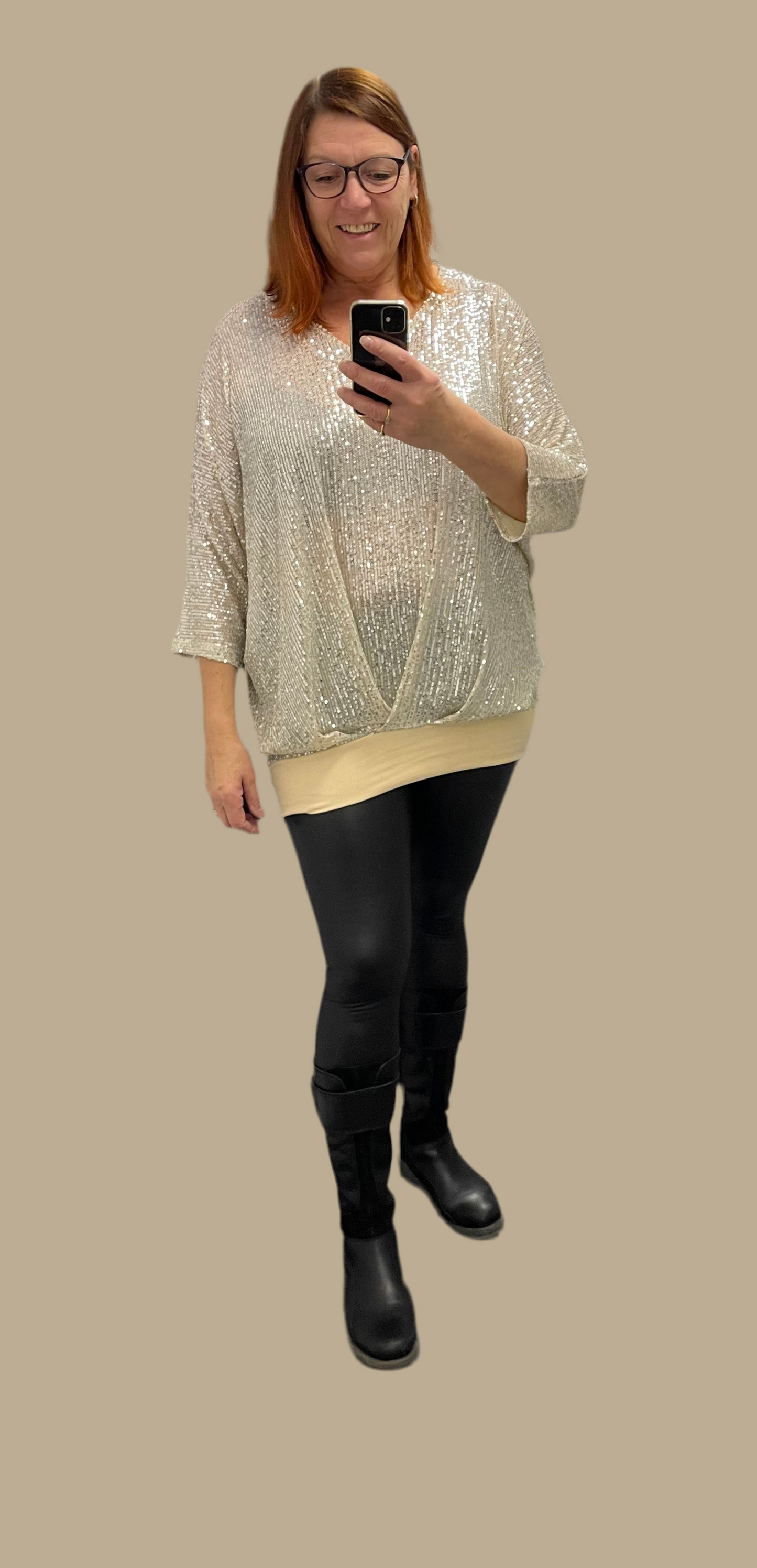 Malissa J Sequin V Neck Jersey Cacoon Top With Batwing Sleeves