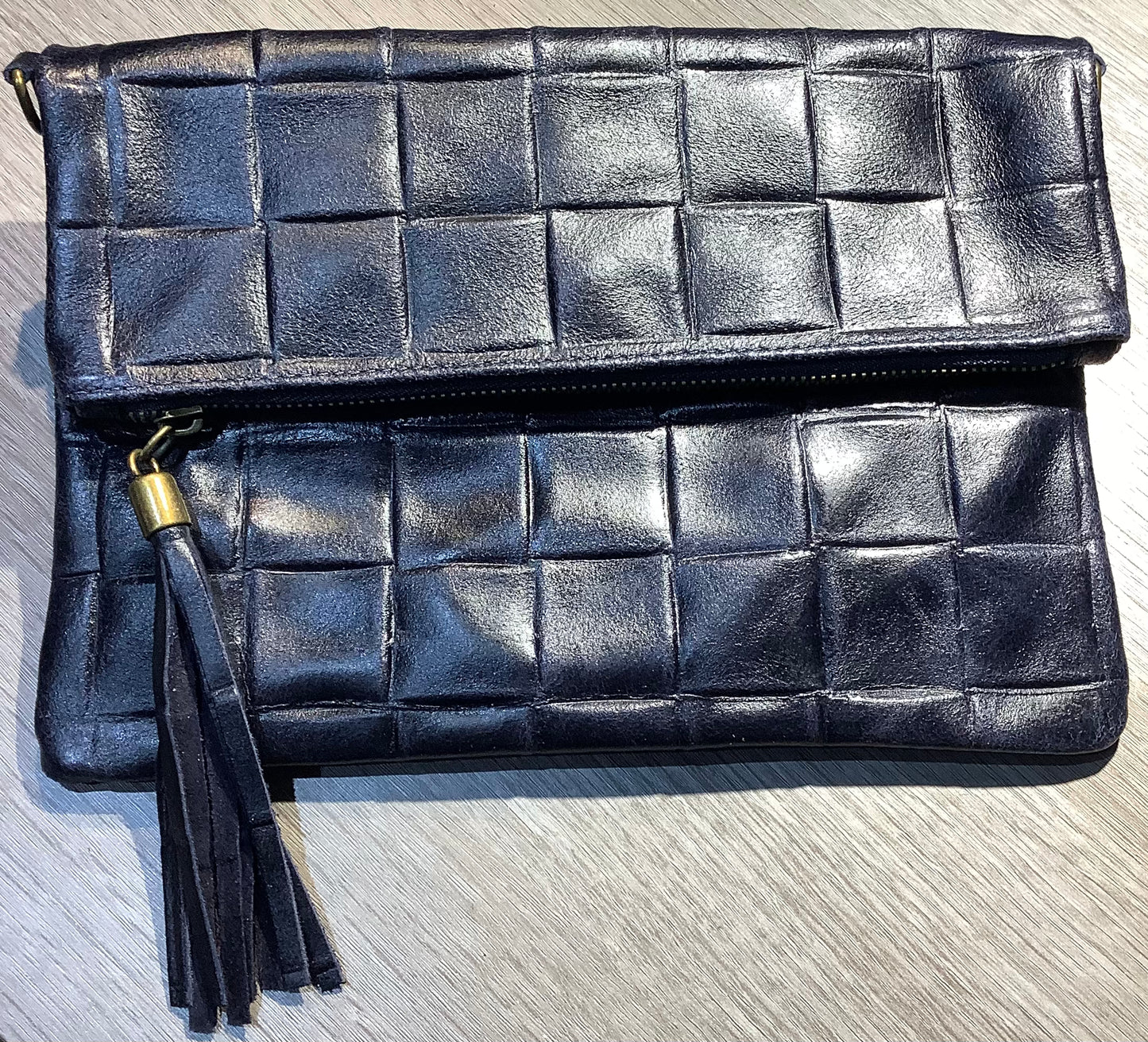 Chunky Weave Imprint Leather Clutch with Long Strap