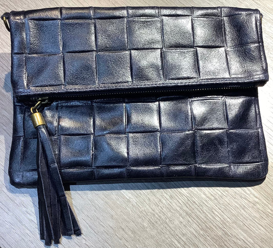 Chunky Weave Imprint Leather Clutch with Long Strap